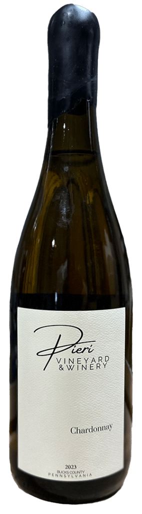 A bottle of Pieri Vineyard & Winery Chardonnay from the 2023 vintage. The label is white with black cursive text displaying the winery name and wine type. The bottle has a dark, glossy top and a clean, minimalistic design.