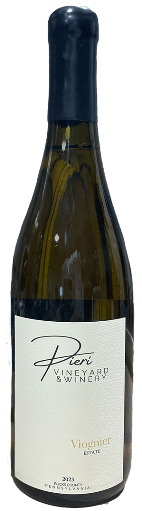 A bottle of Pier Vineyard & Winery Viognier Estate white wine. The bottle has a dark blue cap and a white label with cursive black text displaying the vineyard's name. Additional text includes the wine type "Viognier," vintage year "2023," and location "Pennsylvania.